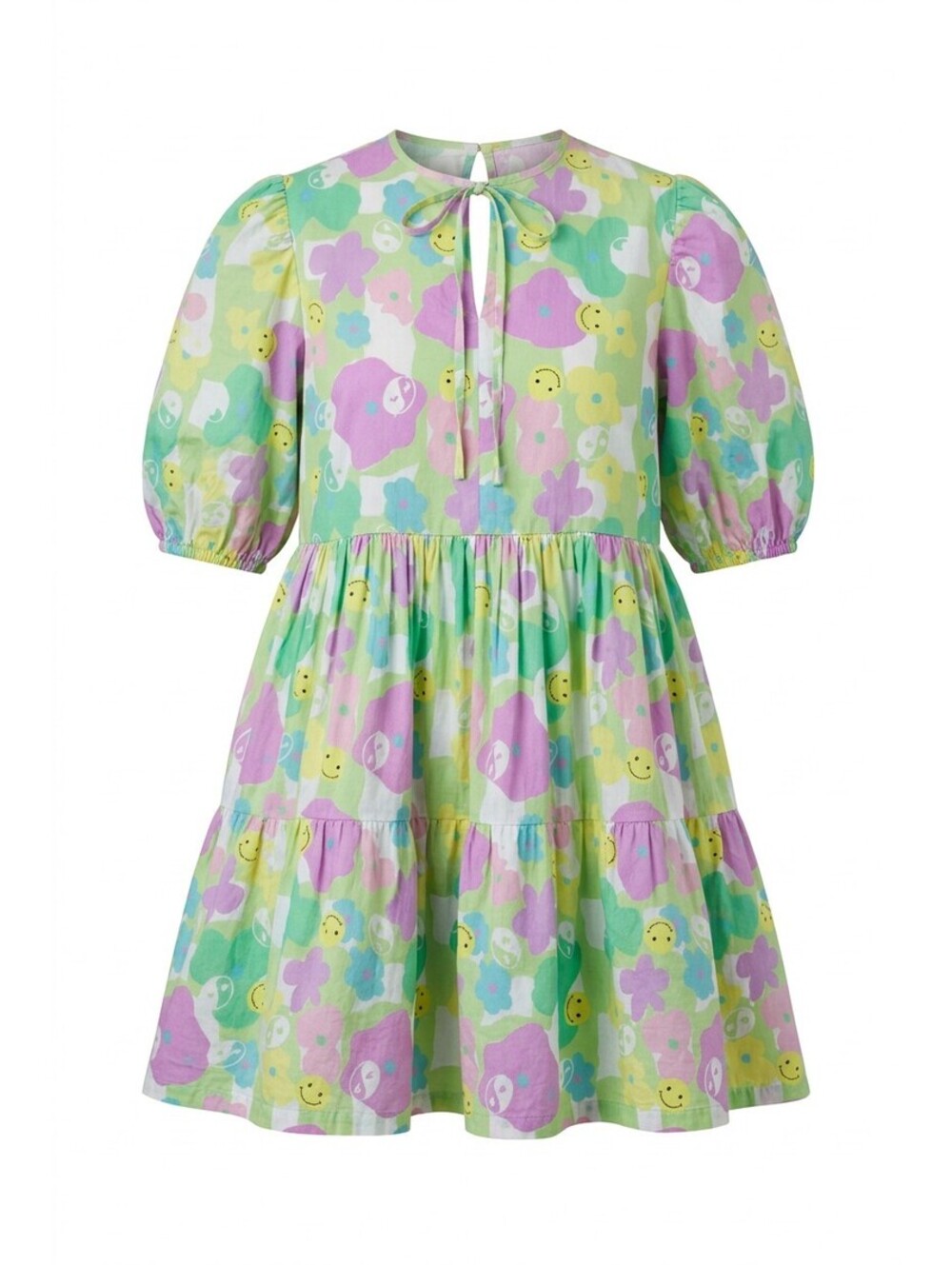 Megan Crosby Pastel Floral Smiley Puff Sleeve Cotton Poplin Smock Dress L
